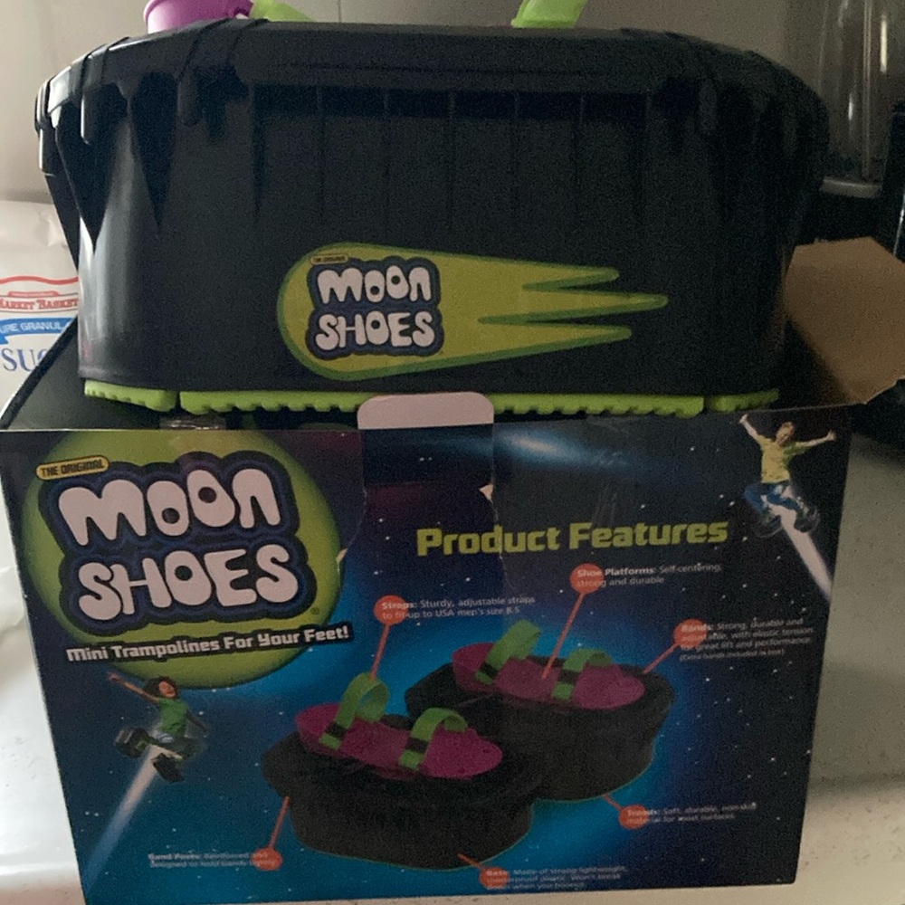 Moon Shoes. Mini trampoline for your feet. It’s adjustable for youth sizes 1-5.